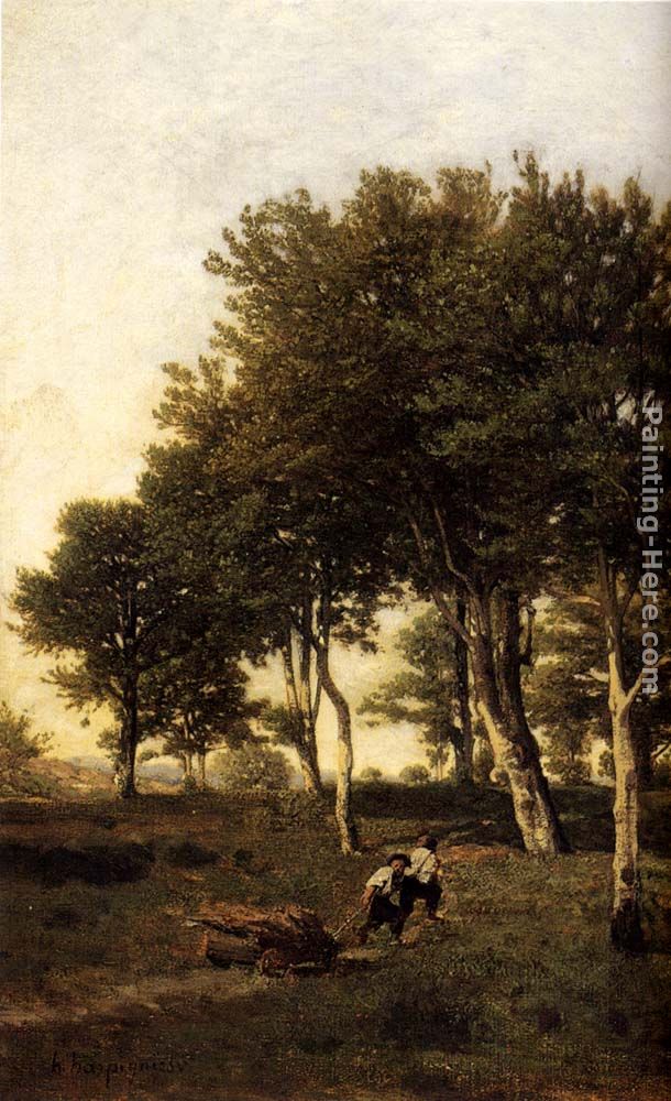 Landscape with Two Boys Carrying Firewood painting - Henri-Joseph Harpignies Landscape with Two Boys Carrying Firewood art painting